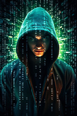 The dark web hooded hacker, digital binary code