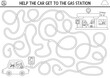 Transportation black and white maze for kids with auto, driver. Line transport printable activity or coloring page. Labyrinth game, puzzle with filling service, cafe. Help car get to gas station.
