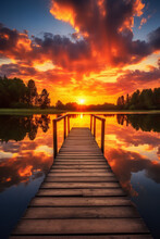 Relaxing Moment: Wooden Pier On A Lake With An Amazing Sunset