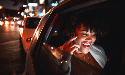 Happy black woman, phone call and travel at night in city taxi for communication, conversation or networking. African female person smile, talking or late evening on mobile smartphone in discussion