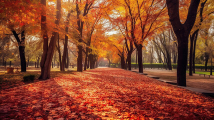 autumn forest path. orange color tree, red brown maple leaves in fall city park. generative ai