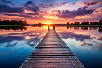  Relaxing moment: Wooden pier on a lake with an amazing sunset
