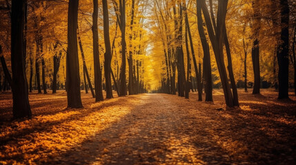 Wall Mural - Autumn forest scenery with road of fall leaves & warm light illumining the gold foliage. Footpath in scene autumn forest nature. Generative Ai