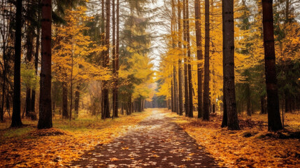 Wall Mural - Autumn forest scenery with road of fall leaves & warm light illumining the gold foliage. Footpath in scene autumn forest nature. Generative Ai