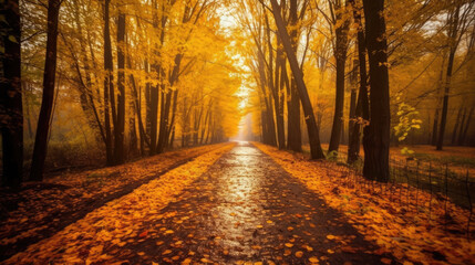 Wall Mural - Autumn forest scenery with road of fall leaves & warm light illumining the gold foliage. Footpath in scene autumn forest nature. Generative Ai