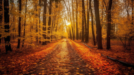 Wall Mural - Autumn forest scenery with road of fall leaves & warm light illumining the gold foliage. Footpath in scene autumn forest nature. Generative Ai