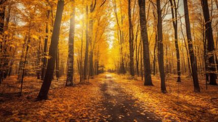 Wall Mural - Autumn forest scenery with road of fall leaves & warm light illumining the gold foliage. Footpath in scene autumn forest nature. Generative Ai