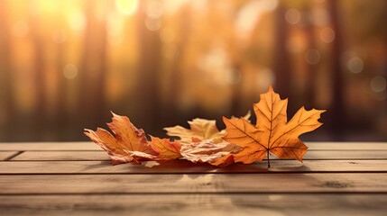 Wall Mural - Autumn maple leaves on wooden table for fall blurred background. Generative Ai