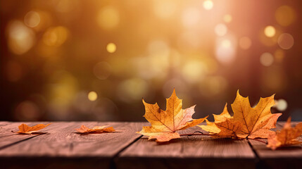 Wall Mural - Autumn maple leaves on wooden table for fall blurred background. Generative Ai