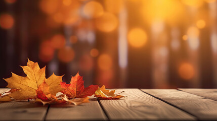 Wall Mural - Autumn maple leaves on wooden table for fall blurred background. Generative Ai