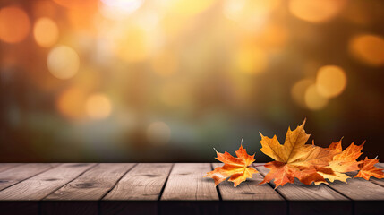 Wall Mural - Autumn maple leaves on wooden table for fall blurred background. Generative Ai
