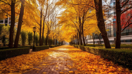 Wall Mural - Autumn, Pathway in beautiful autumn city background. Generative Ai