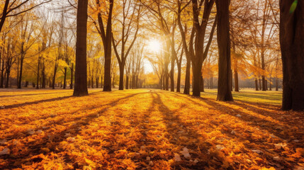 Wall Mural - Autumn, Golden autumn scene in a park, with falling leaves, the sun shining through the trees and blue sky. morning sunlight. Generative Ai
