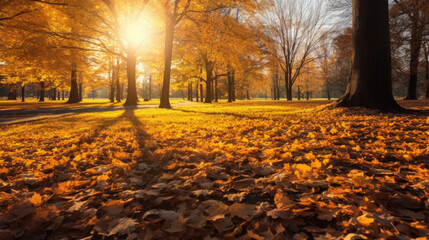 Wall Mural - Autumn, Golden autumn scene in a park, with falling leaves, the sun shining through the trees and blue sky. morning sunlight. Generative Ai