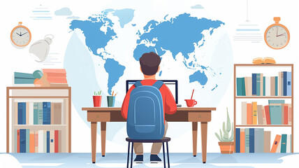 Wall Mural - student at the table view from the back learning global drawing picture graphics