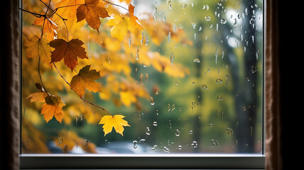 rain outside the window in the landscape of autumn park and yellow leaves.