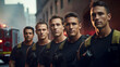 © Dirk - photorealistic shot, copy space, rule of thirds, photorealistic shot, group of attractive fit young firemen posing for a calendar shoot. Group of firefighters posing.