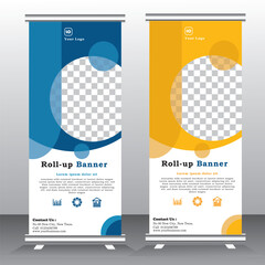 Wall Mural - New Roll up banner vertical template design, business, x-banner and standee banner advertising. vector illustration blue and yellow roll up banners - vector template, pull up, vertical banner, welcome