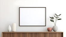 Blank Picture Frame Mockup On A Wall. Horizontal Orientation. Artwork Template In Interior Design Generated By AI.