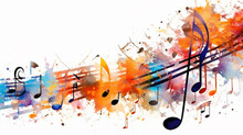 Abstract Musical Background A Swirl Of Multicolored Notes On A White Background Isolated.