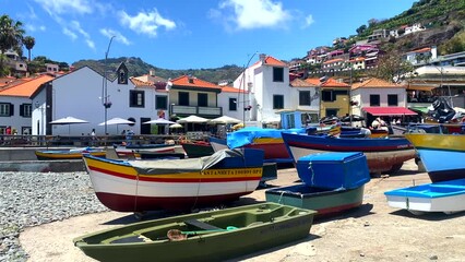 Wall Mural - Romantic View of Colorful Boats in Camara de Lobos Harbor, Madeira, Portugal