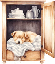 Cute Sleeping Puppy Watercolour Illustration Created With Generative AI Technology