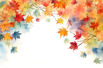 beautiful red maple leaves frame on white background. watercolor illustration background