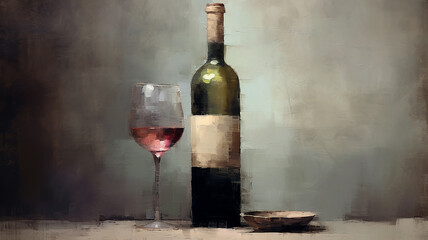 Wall Mural - a bottle of wine and a glass of classic oil painting.