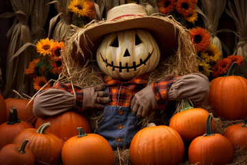 Scarecrow with pumpkins, fall thanksgiving season celebration