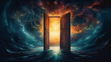 Abstract Art Of Mystical  Open Door In Dreams Leading To An Unknown World, Surrealism Or Fantasy World Concept Background
