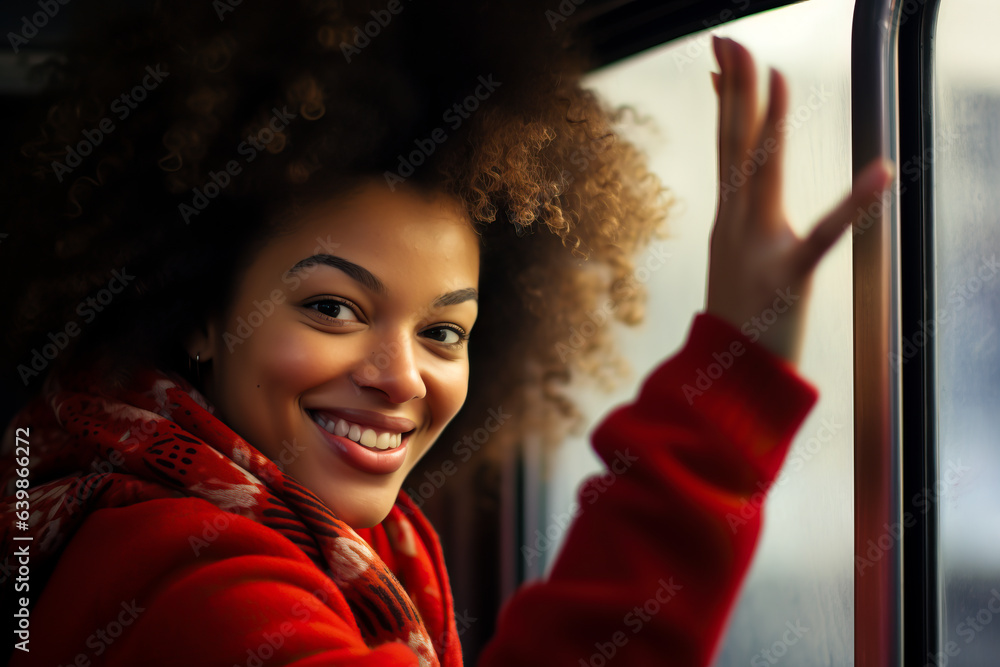 Woman waving her hand goodbye as she gets on a bus to travel somewhere ...