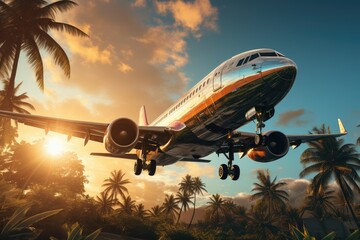 Airplane flying over tropical palm tree and sunset sky abstract background. Copy space of business summer vacation and travel adventure concept. Vintage tone filter effect color style.