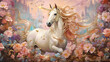 happy cute unicorn in flower blossom atmosphere golden pastel colorful oil paint abstract art