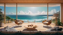 Modern Luxury Living Room With A Couch In Front Of A Large Window Overlooking The Sea. Generative AI