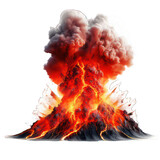Erupting volcano isolated on white created with Generative AI. Big explosion with lava.
