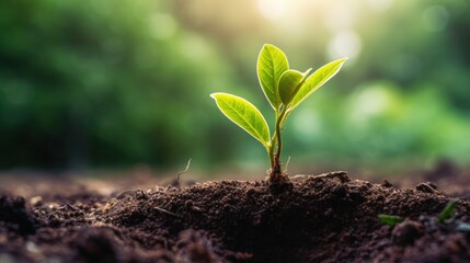 Planting seedlings young plant in the morning light on nature background