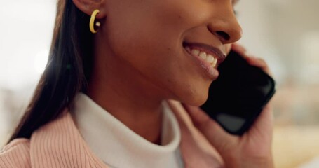 Wall Mural - Smartphone call, mouth and happy woman talking in office for planning, discussion and communication. Closeup, face and lips of employee speaking on cellphone for contact, networking and conversation