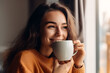© AspctStyle - Portrait of happy young woman enjoying a cup of coffee at home, beautiful smiling woman drink coffee in morning