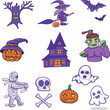 Set of halloween spooky character design elements. Witch, ghost, mummy, skeleton, funny pumpkins. Perfect for scrapbooking, greeting card, party invitation, poster, sticker, clipart