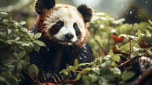 Cute Baby Panda With Red Color On Face In Forest Near Bushes