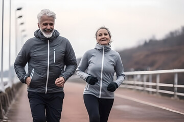 Portrait of active senior couple running together in the park stadium, Happy elderly couple in morning run outside in city park