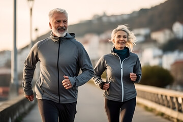 Portrait of active senior couple running together in the park stadium, Happy elderly couple in morning run outside in city park