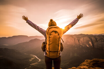 Wall Mural - Back view of woman raises his hands up while standing on top of the mountain at sunset a hike in summer