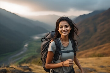 Wall Mural - Portrait of happy woman hiker smiling standing on the top of mountain, adventure woman traveling alone and hiking on the top of mountains in summer vacation trip on weekend