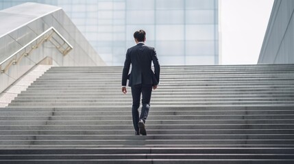 Ambitious businessman in suit climbing the stairs to success