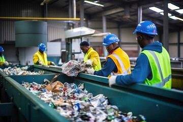 Waste sorting plant. Many different conveyors and bunkers. Workers sort the garbage on the conveyor. Waste disposal and recycling. Waste recycling plant.