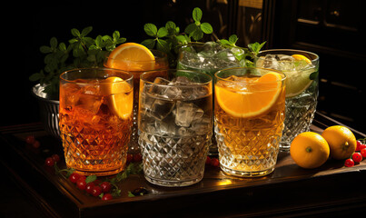 Drinks in transparent glasses on a blurred background.