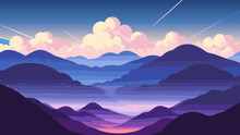 Landscape With Mountains And A Sky With Clouds And Stars In The Background, With A Pink And Blue Hue, Colorful Flat Surreal Design, Vector Art. Cartoon Anime Background.