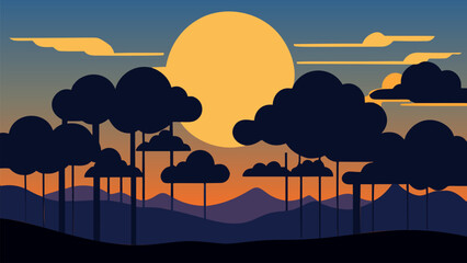 Wall Mural - Sunset with trees and mountains in the background and a sky with clouds and sun in the distance with a few clouds, colorful flat surreal design, vector art. Cartoon anime background.