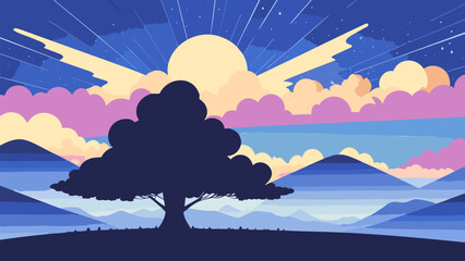 Wall Mural - Tree in a field with a sky background and clouds in the background with a sun setting in the sky, colorful flat surreal design, vector art, naturalism. Cartoon anime background.